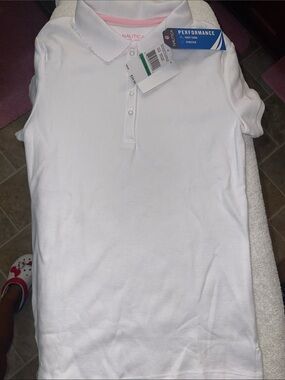 Nautica White Girls Performance Polo with Ruffle collar